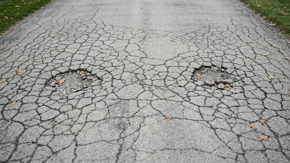An interconnected web of alligator cracking across an asphalt driveway, breaking up in two places, the pattern that signals a failed base and cannot be repaired by filling at any crack width