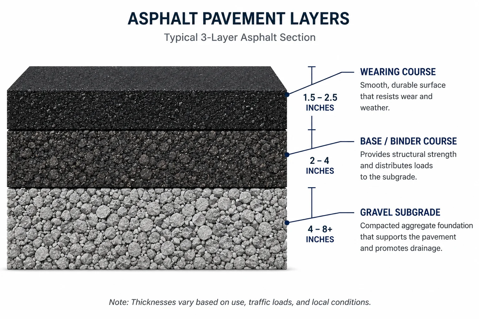 Diagram showing asphalt base course and wearing course layers over a gravel subgrade