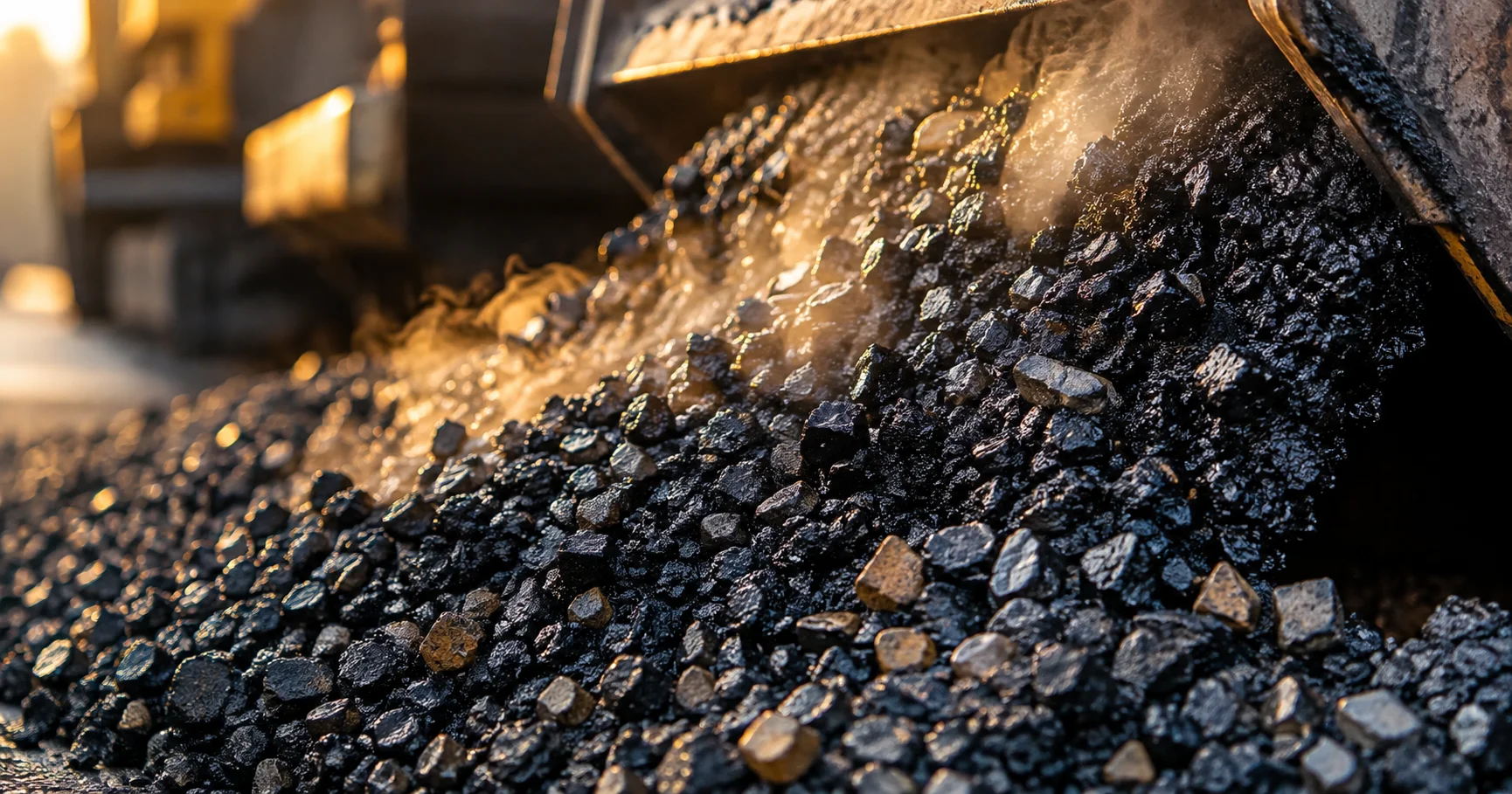 Close-up of hot mix asphalt showing aggregate stone fully coated in black asphalt binder