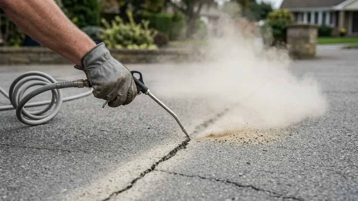 Compressed air blowing dust and grit out of an asphalt driveway crack, removing the debris that stops sealant bonding to the crack walls