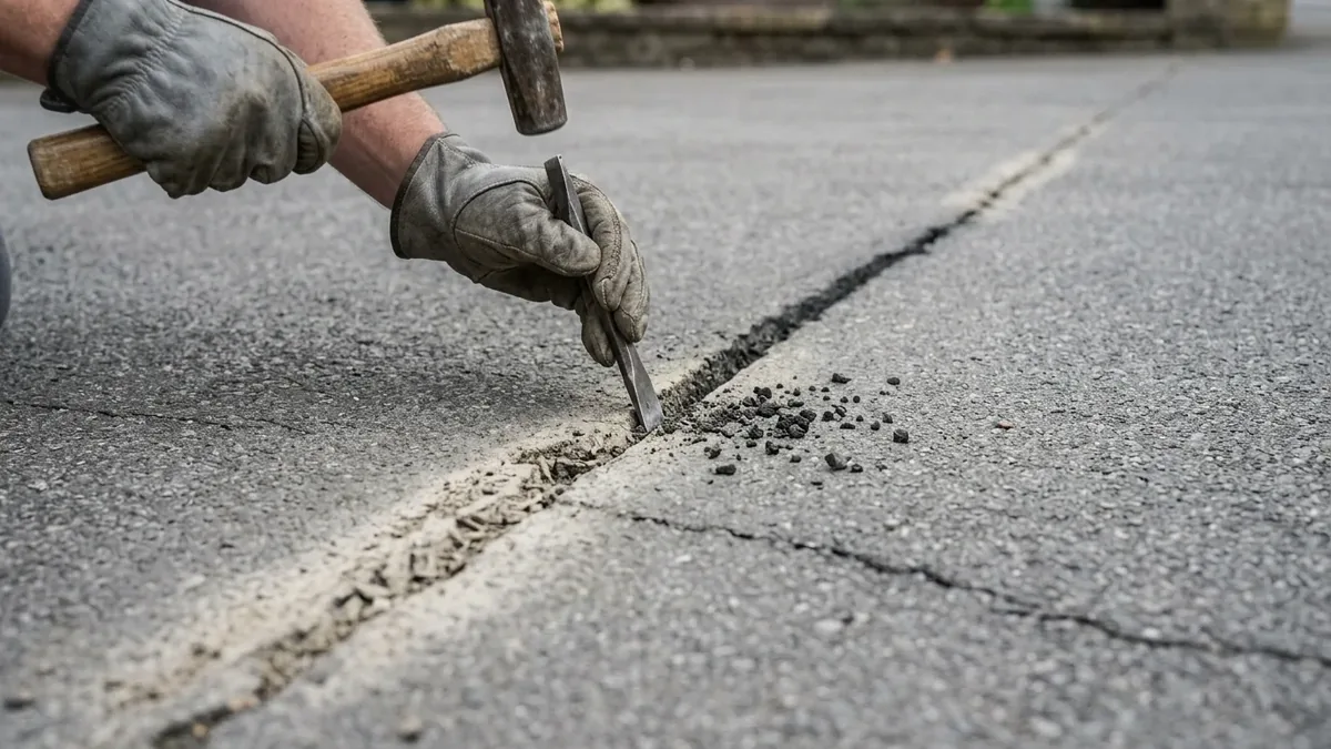 A cold chisel and hammer knocking crumbling asphalt away from the edge of a driveway crack to reach sound material that will not break out under the sealant