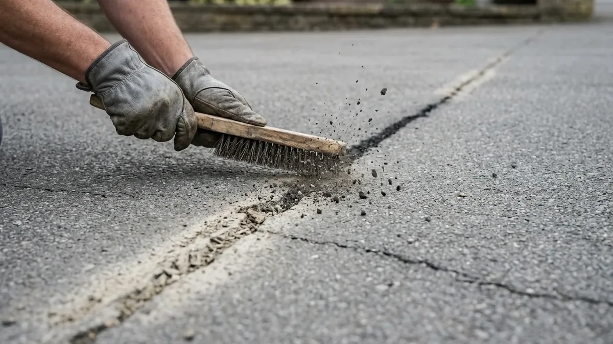 A stiff wire brush scrubbed along the length of a crack in an asphalt driveway, lifting dirt and loose grit out of the crack walls before any sealant goes in