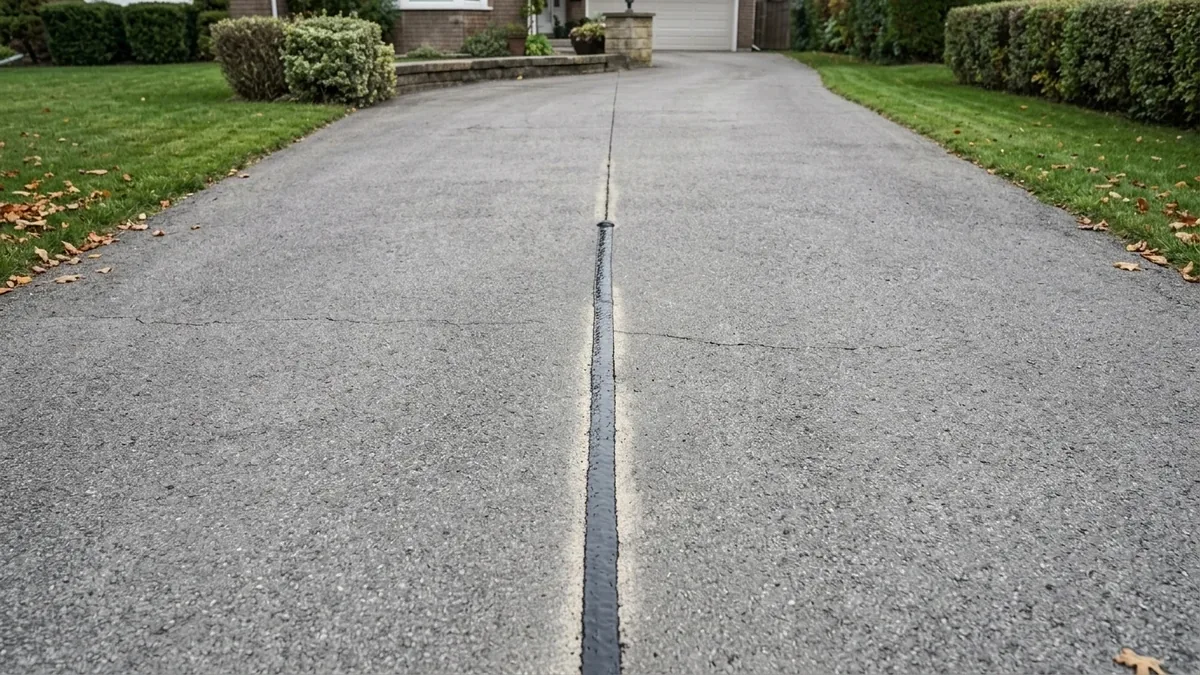 A completed asphalt crack repair curing on a sound driveway, a thin continuous line of sealant sitting flush with the surface rather than a wide raised smear