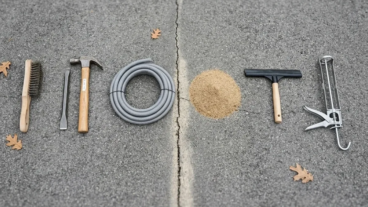 The tools for an asphalt crack repair laid out on a driveway: wire brush, cold chisel and hammer, foam backer rod, coarse sand, rubber squeegee and a caulking gun