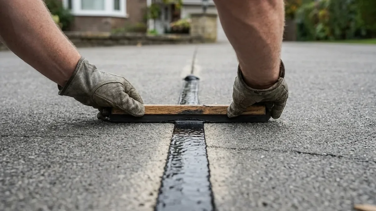 A rubber squeegee pulled along a freshly filled asphalt crack, striking the black sealant flush with the driveway surface in one continuous pass