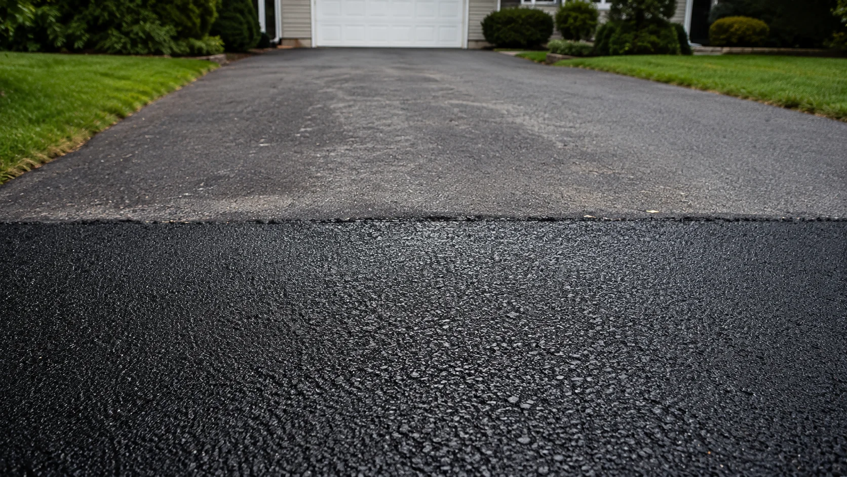 Close-up of a freshly paved asphalt driveway, glossy jet-black in the foreground fading into an older weathered gray section near the garage, showing the color change as asphalt cures over time