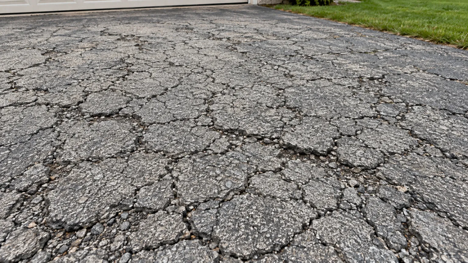 Alligator cracking across an asphalt driveway, the web pattern that signals a failed base and a full tear-out