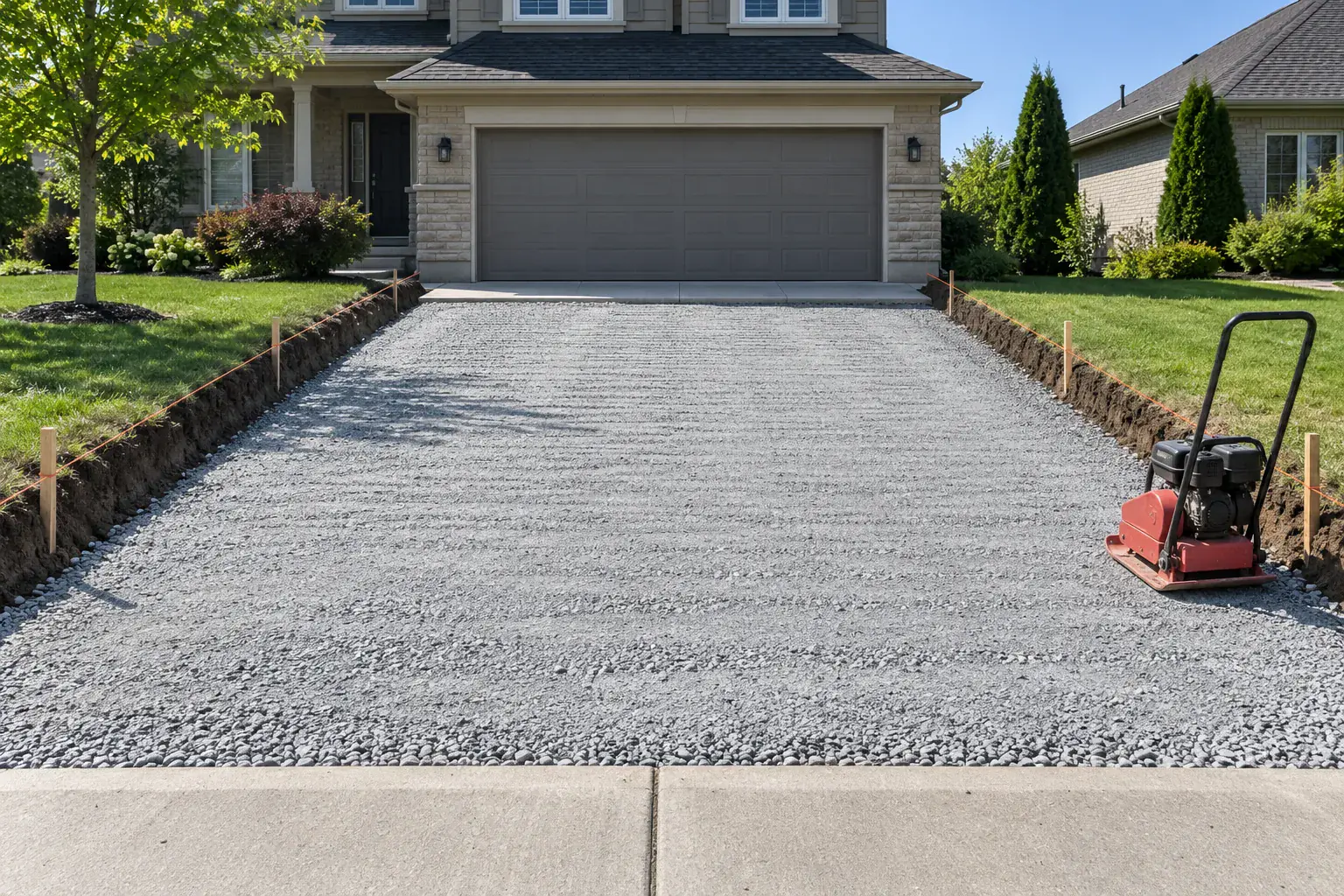 Compacted crushed stone base on a residential driveway, ready for asphalt paving