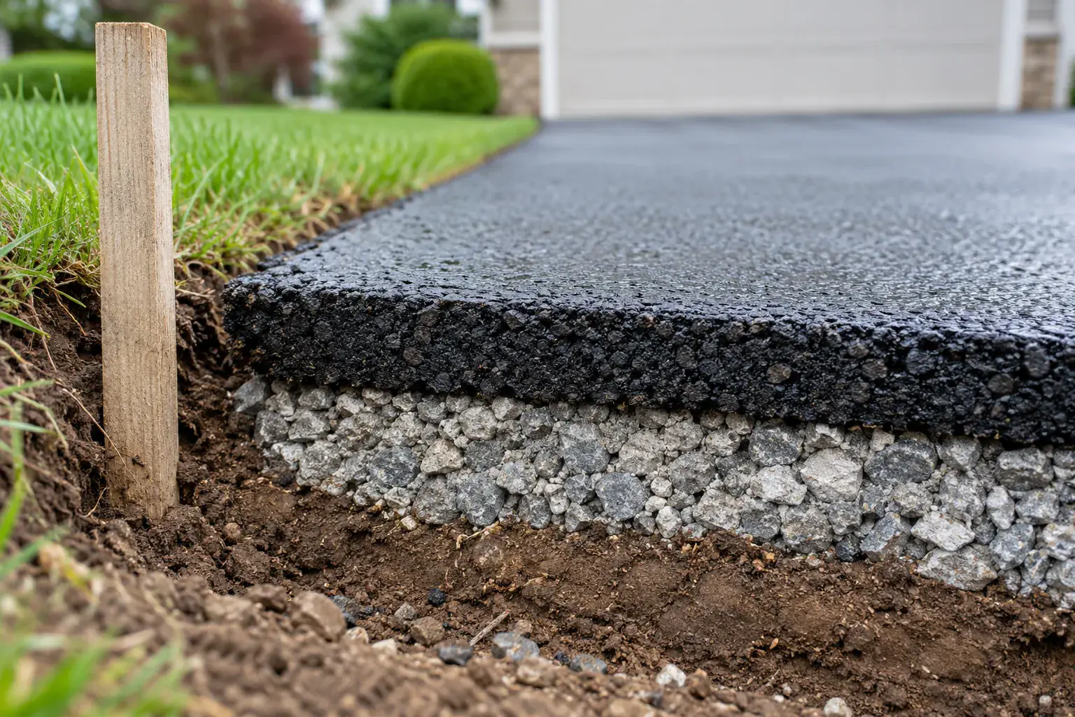 Edge of a new asphalt driveway showing the compacted asphalt layer over its crushed stone base and soil