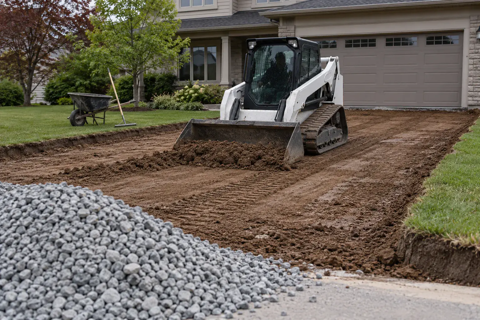 Skid steer grading the soil for a new residential driveway before the stone base goes down