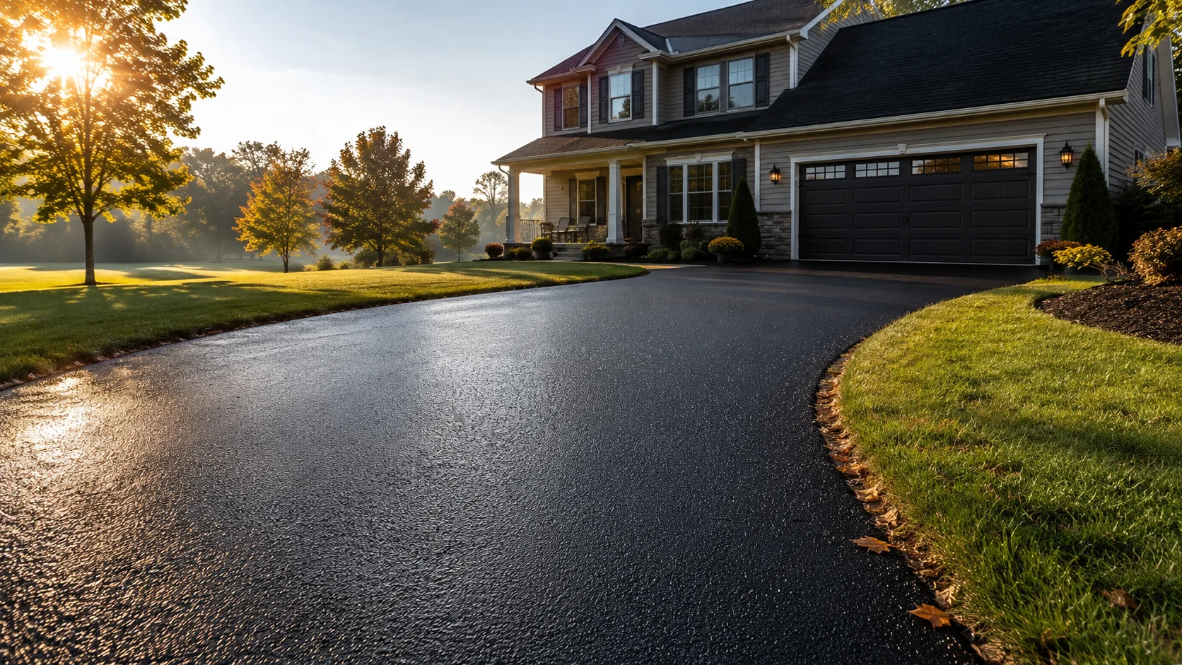 A freshly sealcoated asphalt driveway leading to a well-maintained suburban home in soft morning light, the kind of upkeep that extends an asphalt driveway's lifespan