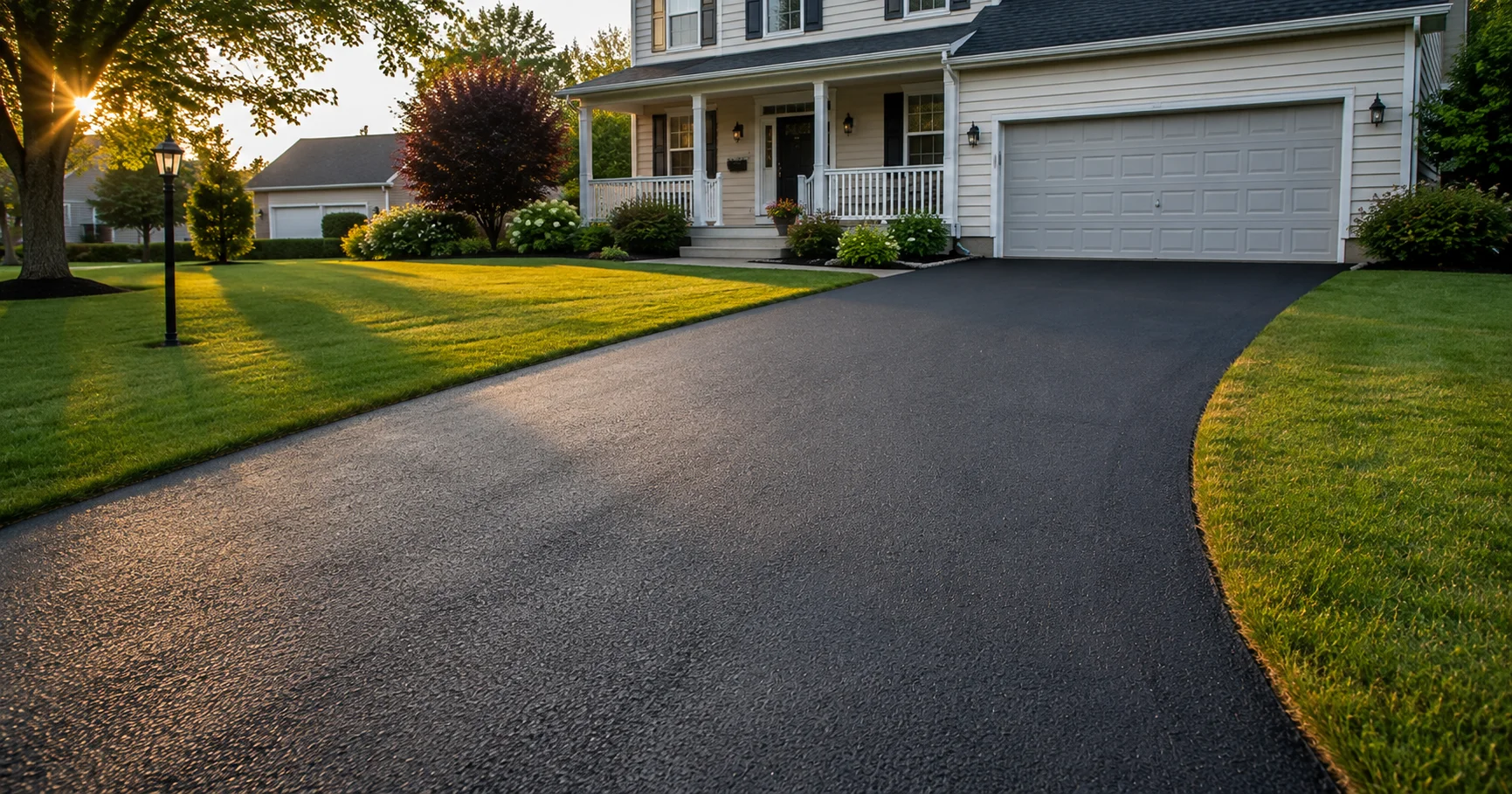 Well-maintained asphalt driveway with a clean, uncracked surface leading to a home