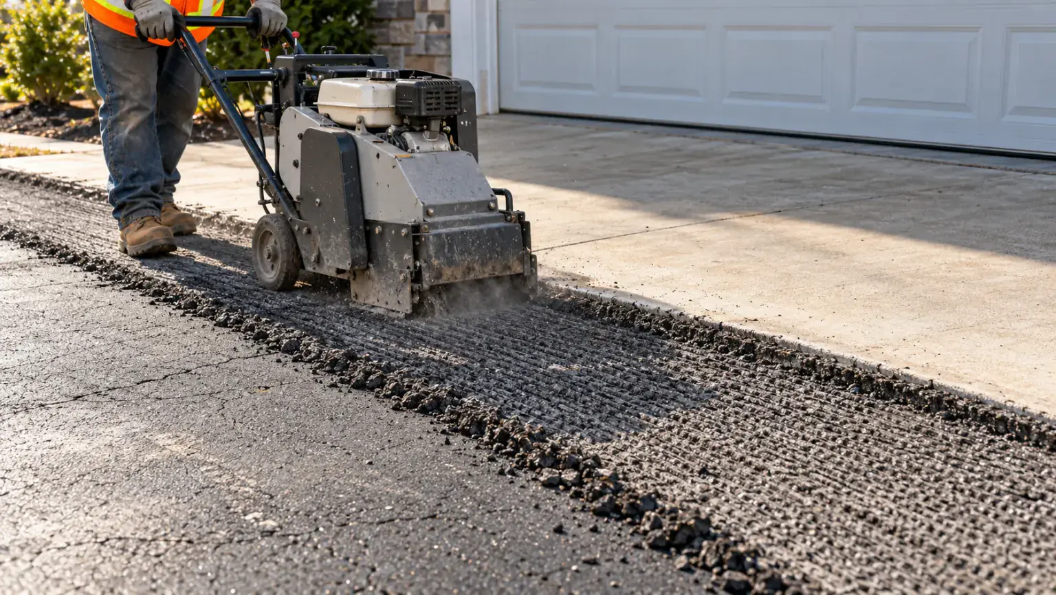 Milling machine grinding the old asphalt where a driveway meets the garage apron before a mill and overlay