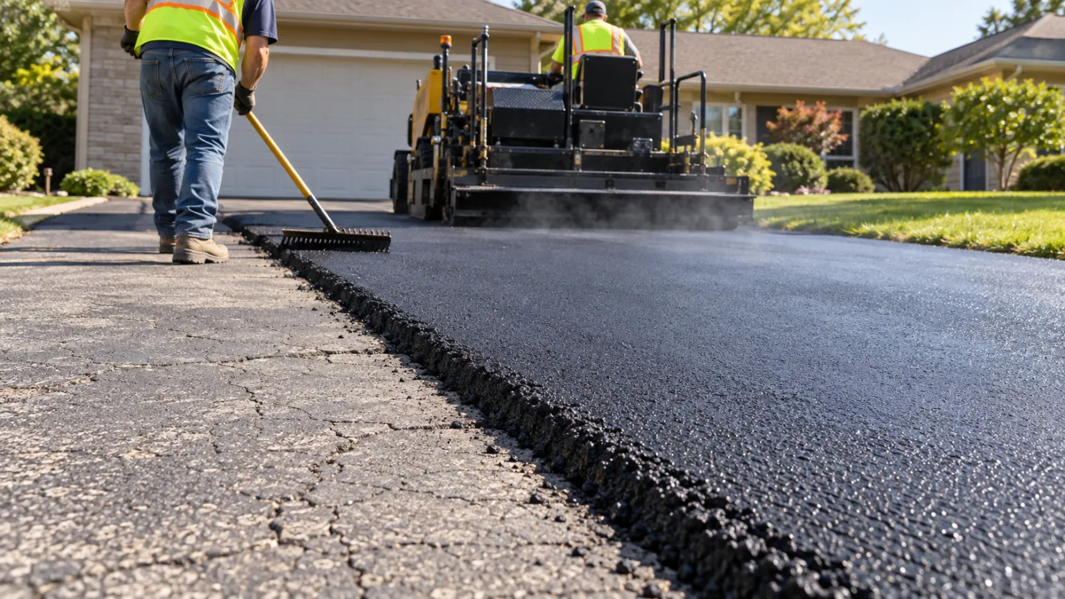 Paving crew laying a new asphalt overlay over an old residential driveway, the cheapest way to repave