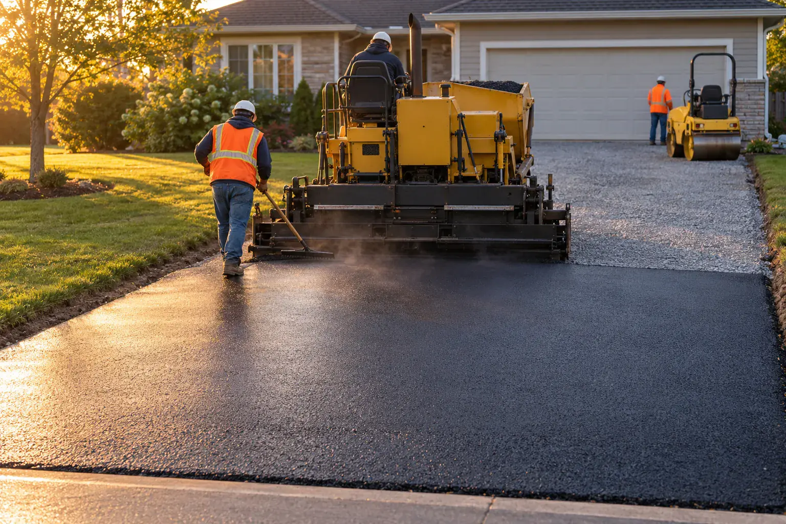 Paving crew laying hot mix asphalt over a crushed stone base on a residential driveway