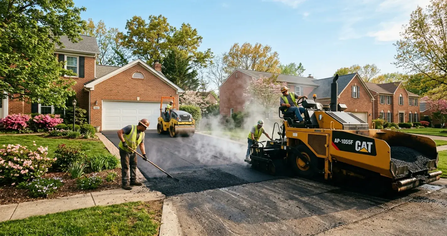 A paving crew laying fresh asphalt on a residential driveway in warm, dry spring weather, illustrating the seasonal window for asphalt paving