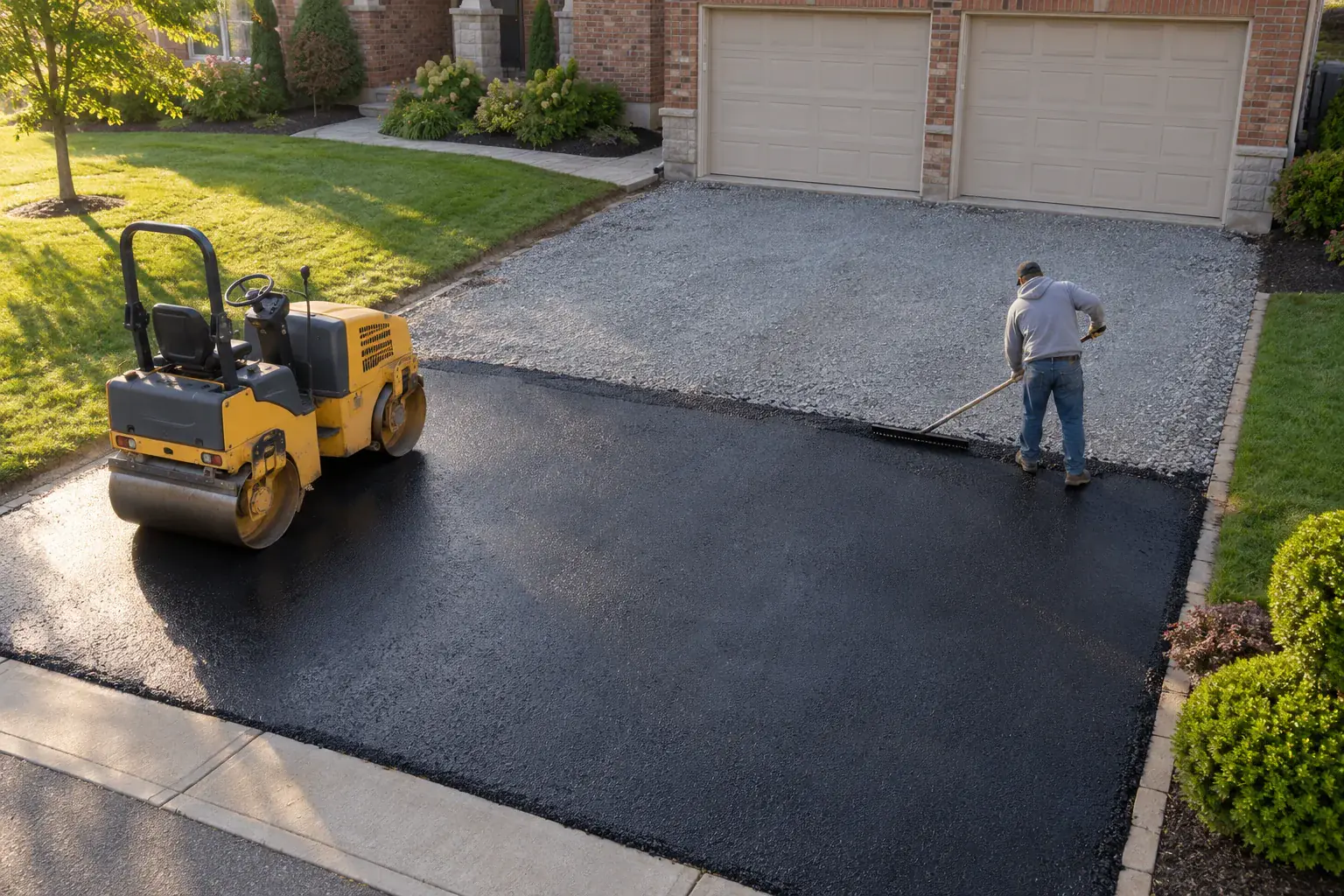 Crew paving a 20x20 residential driveway over a crushed stone base, a job of about 7 tons of hot mix asphalt