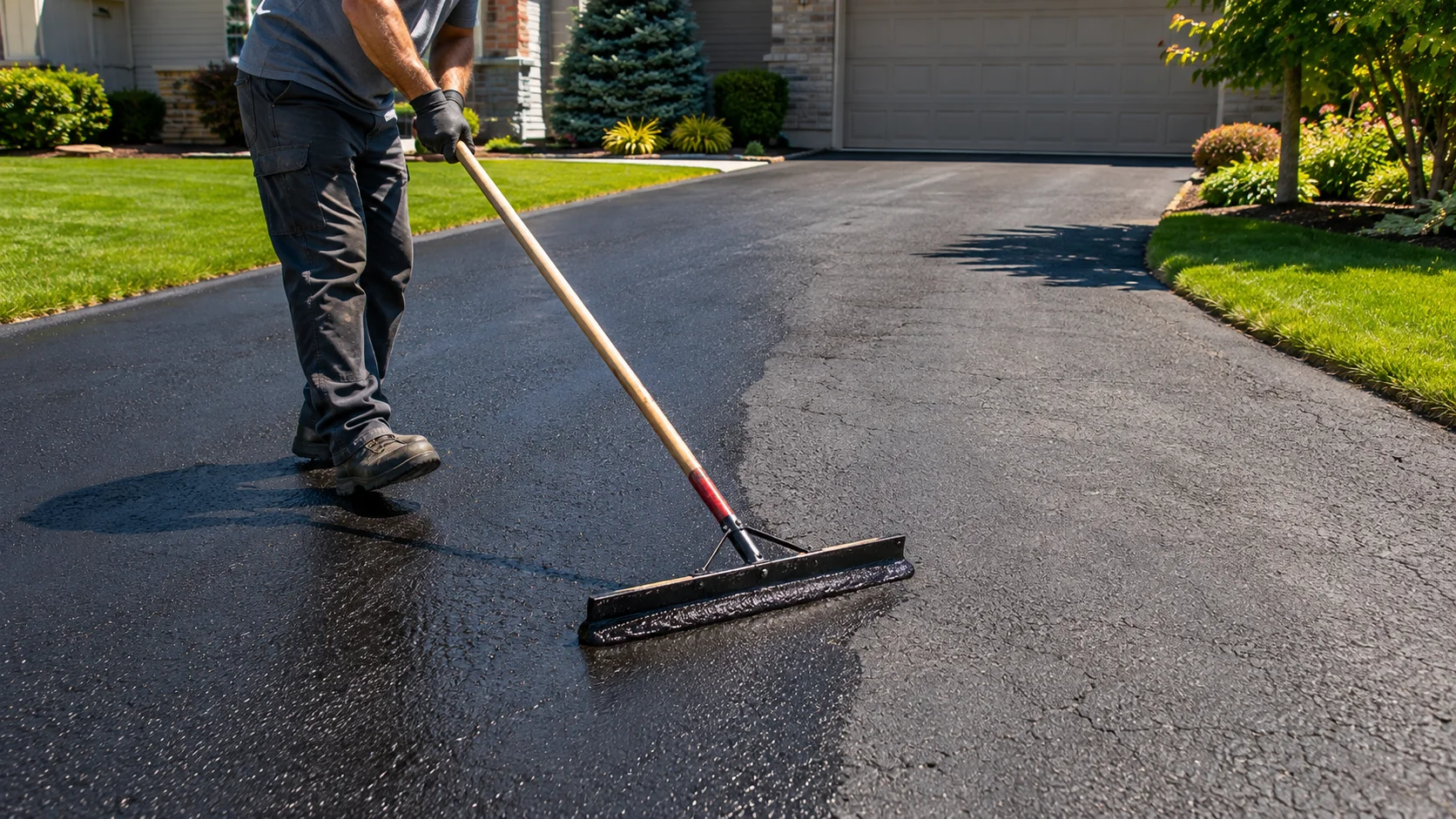 Seal coat being applied to an asphalt driveway surface with a squeegee applicator