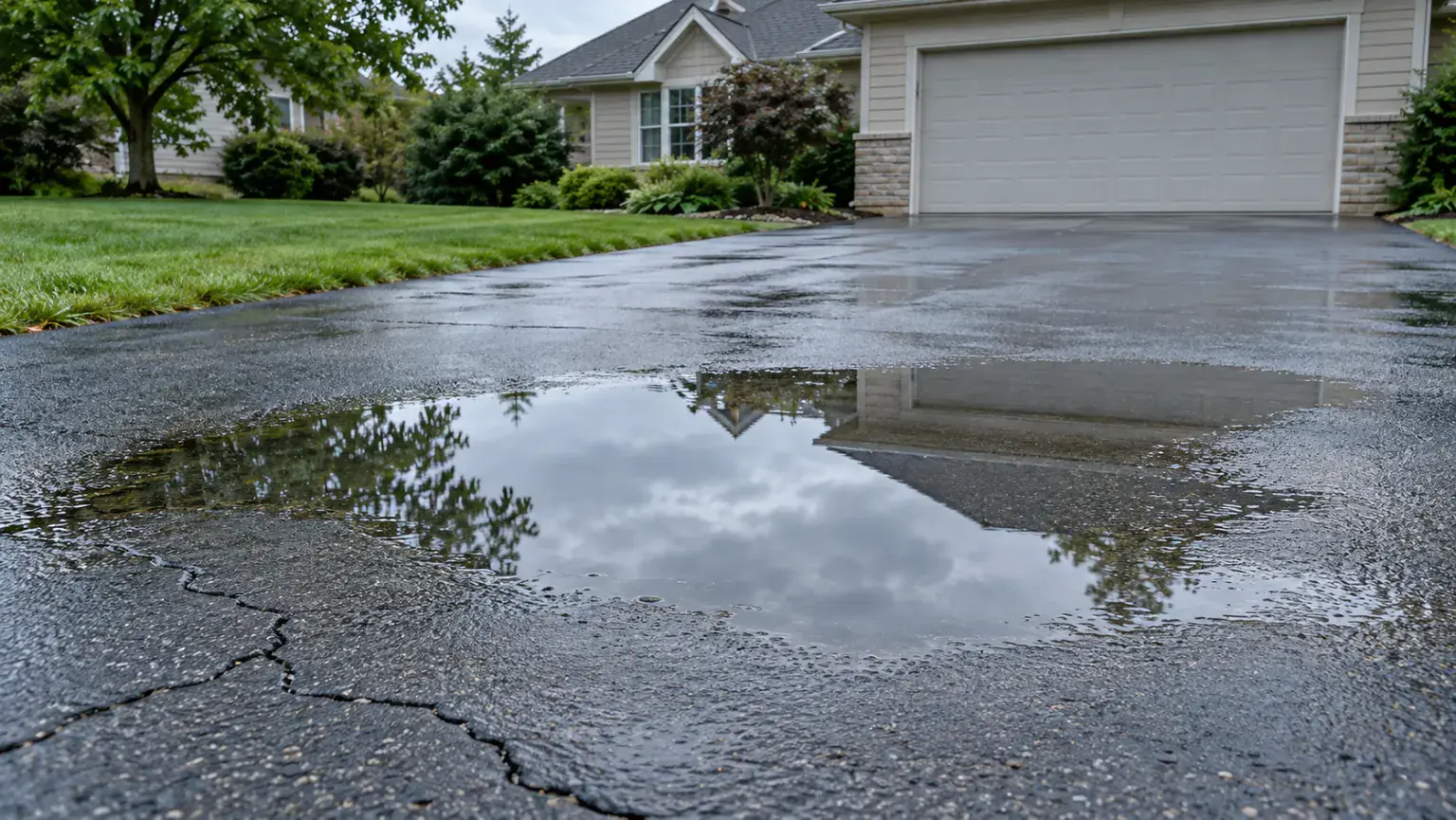 Standing water pooled on an asphalt driveway after rain, a drainage problem an overlay cannot correct