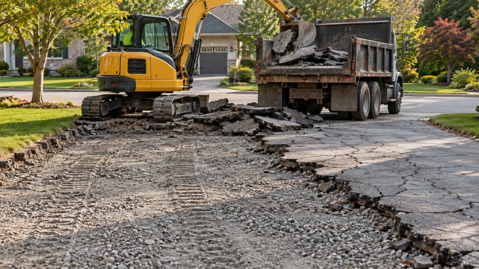 Excavator breaking up and removing an old asphalt driveway down to the gravel base during a full tear-out