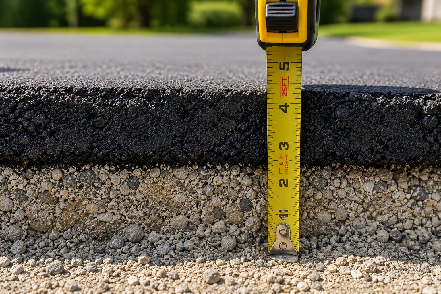 Asphalt driveway thickness: compacted hot mix over a gravel base