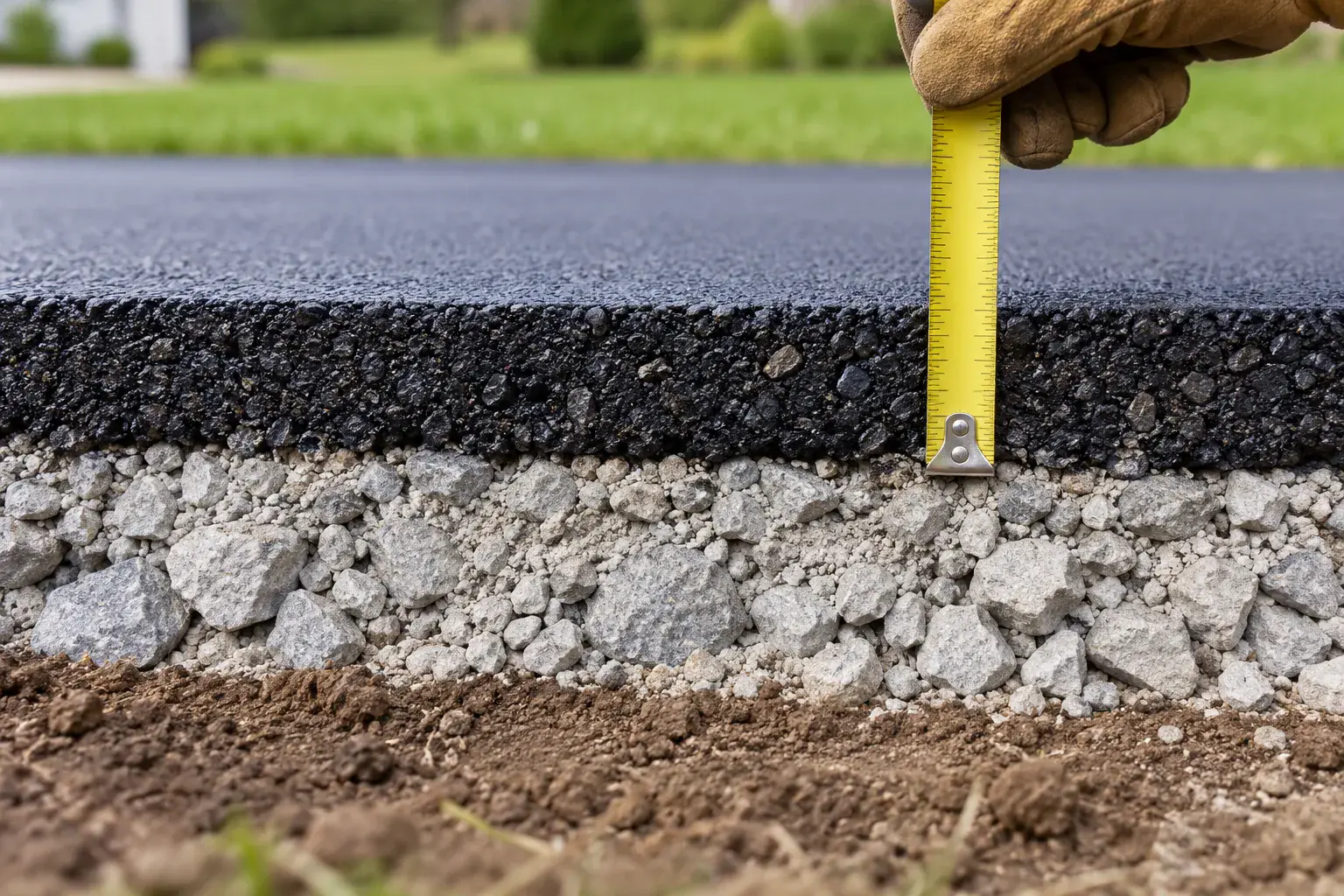 Tape measure against the edge of a new asphalt driveway showing compacted asphalt over a crushed stone base