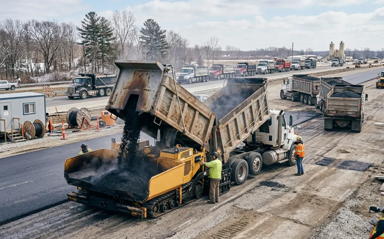 Asphalt delivery truck supplying a paving crew, illustrating the plant supply chain that closes down for the winter season