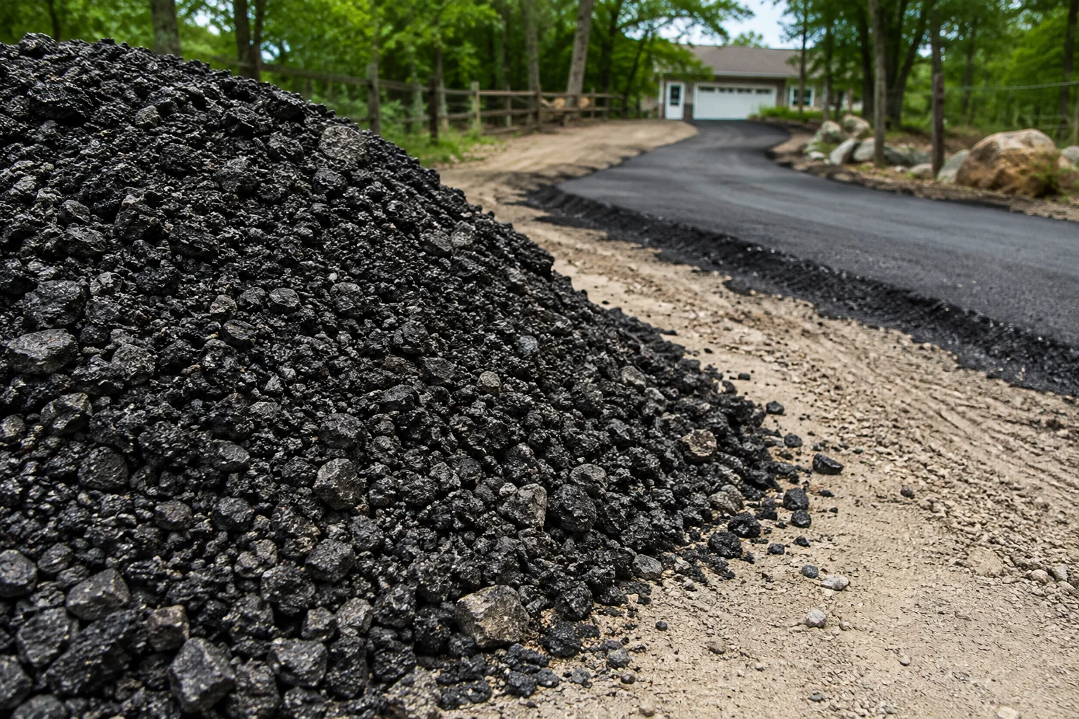 Asphalt millings cost and coverage: recycled asphalt pile ready for a driveway
