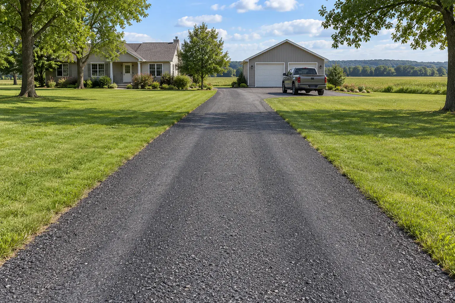 Finished and compacted asphalt millings driveway leading to a rural home