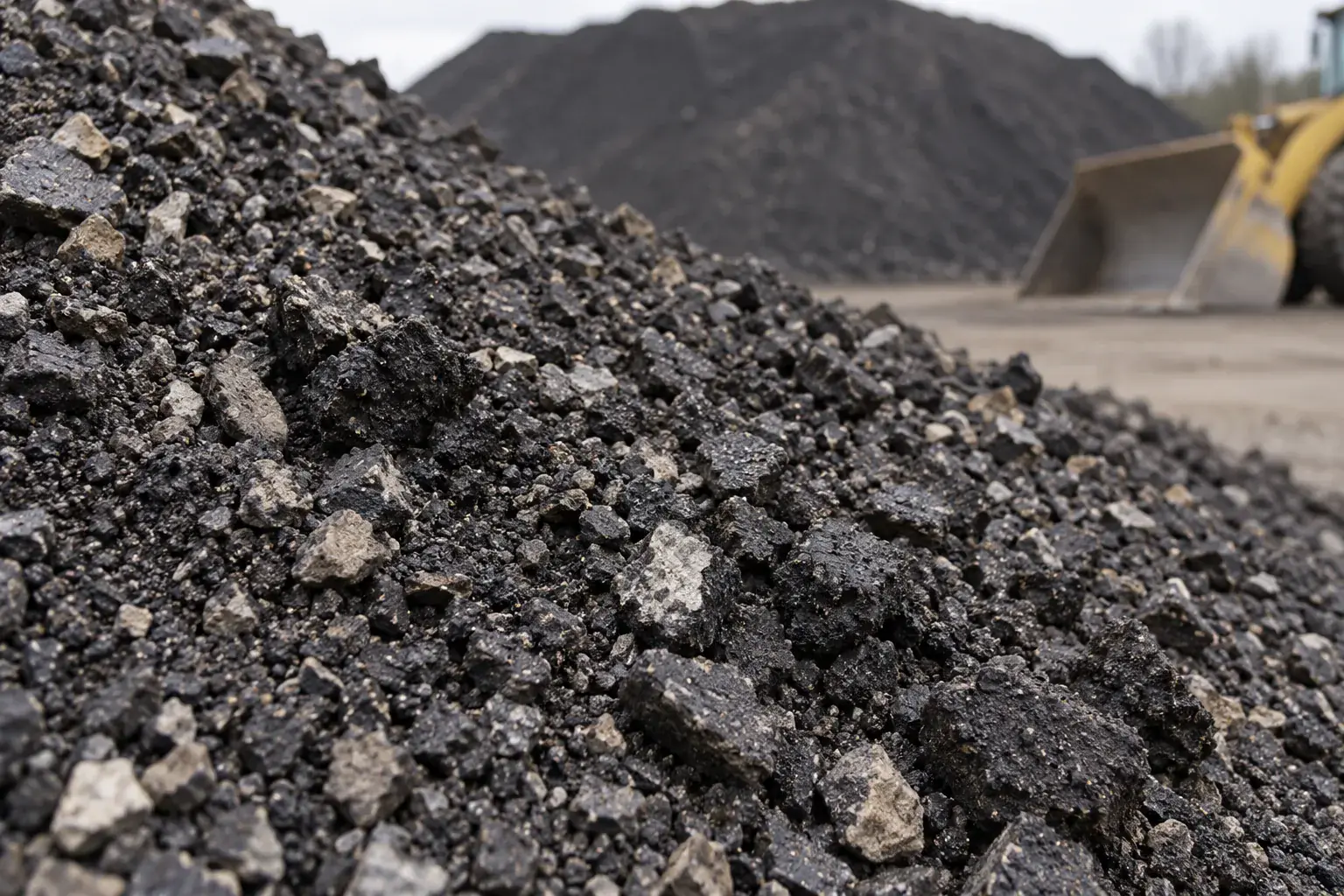 Close-up of a stockpile of recycled asphalt millings showing the irregular binder-coated pieces