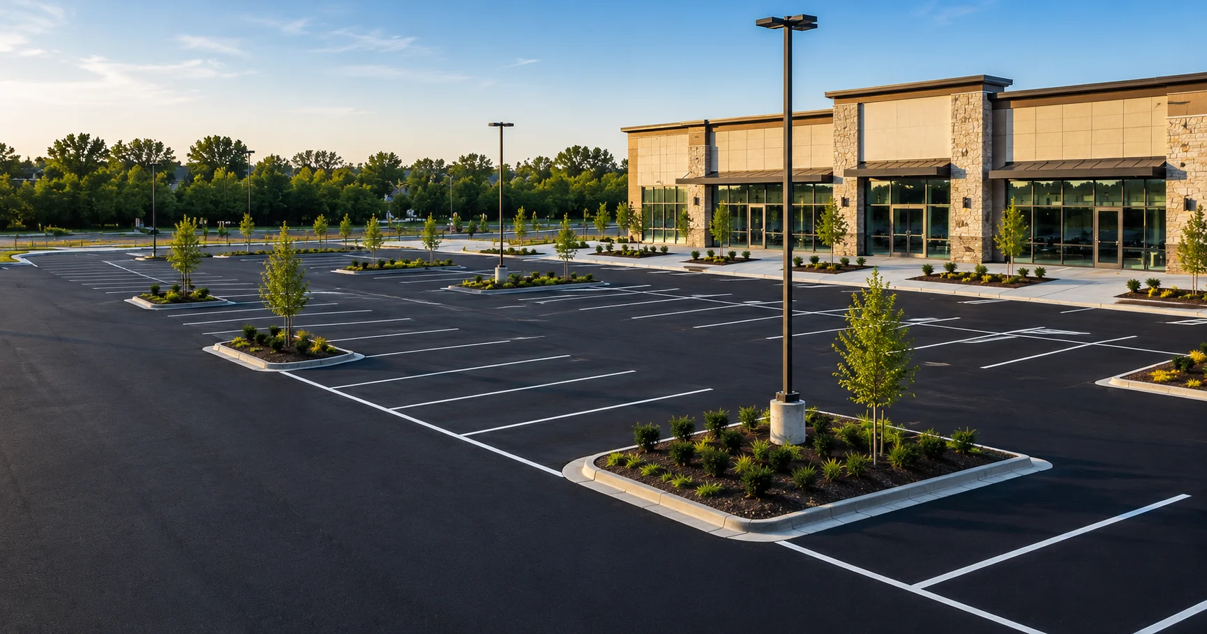 Asphalt parking lot cost 2026: freshly paved commercial lot with white striping