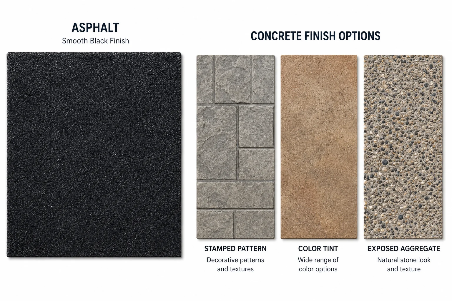 Asphalt uniform black finish versus concrete stamped, colored, and exposed aggregate finish options
