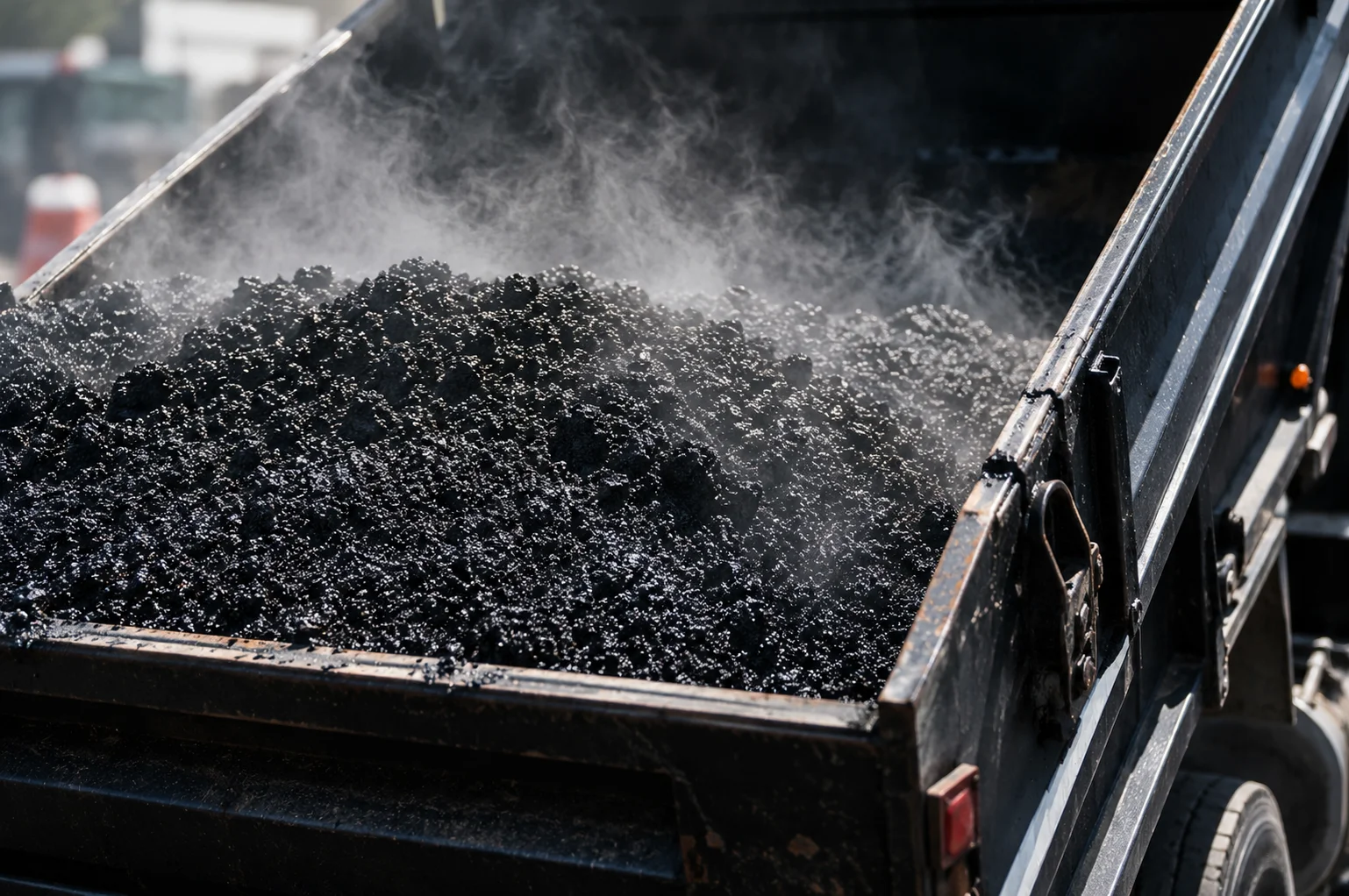 How much does asphalt weigh: steaming hot mix asphalt in a truck bed