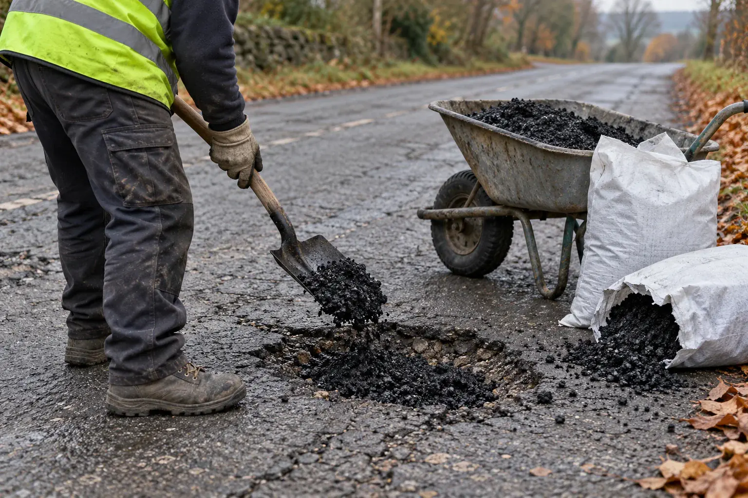 Worker filling a pothole with cold mix asphalt from bulk and bagged patch, priced higher per ton than hot mix