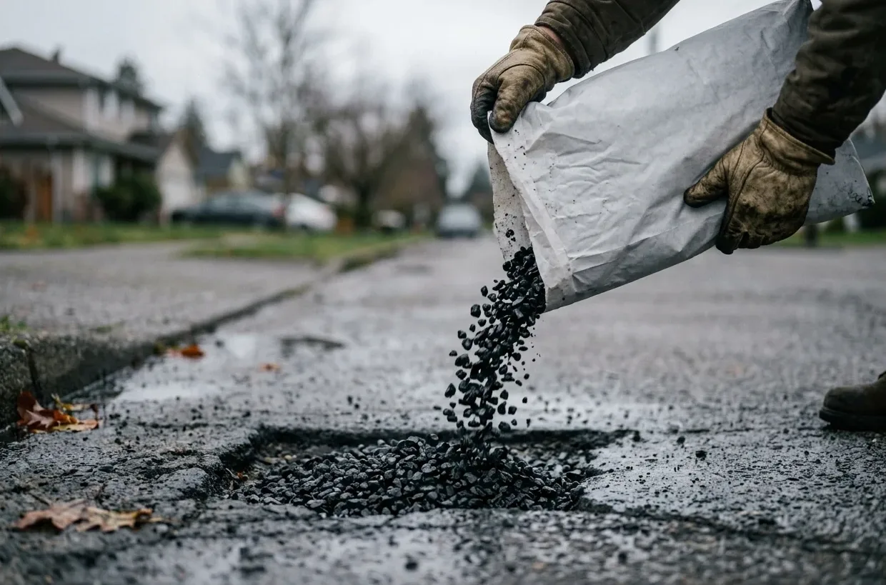 Loose cold mix asphalt being poured from a bag into a pothole in a residential driveway, the coated aggregate visible as it falls