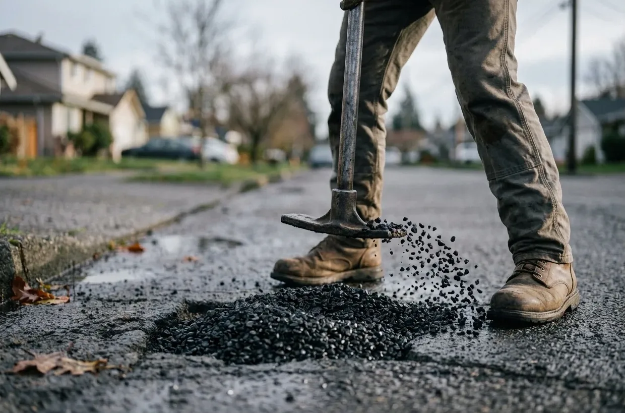 Worker compacting cold mix asphalt into a driveway pothole with a steel hand tamper, loose chips scattering as the patch is worked flush with the surface