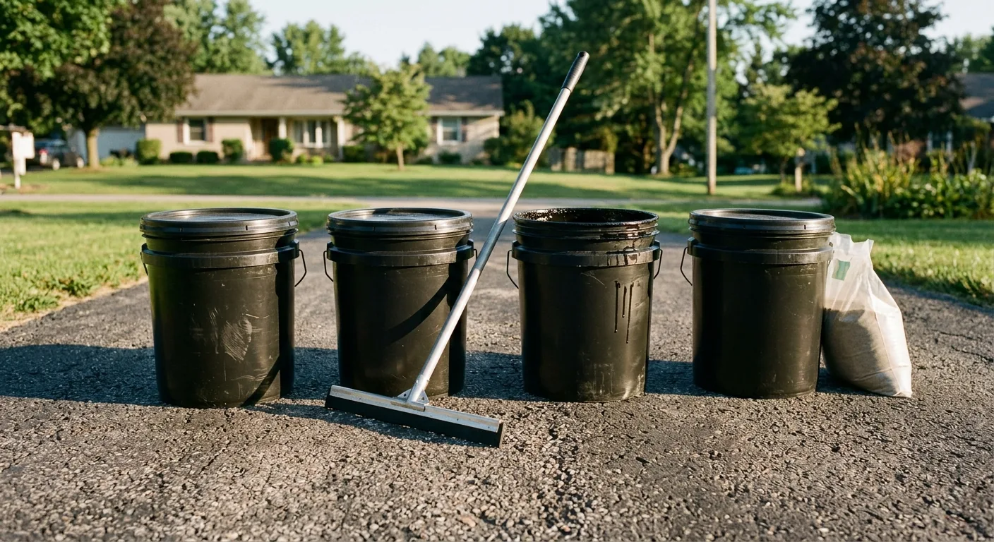 Four unbranded five-gallon pails of black driveway sealer standing on a weathered asphalt driveway beside a squeegee, the quantity a typical two-car driveway needs for two coats