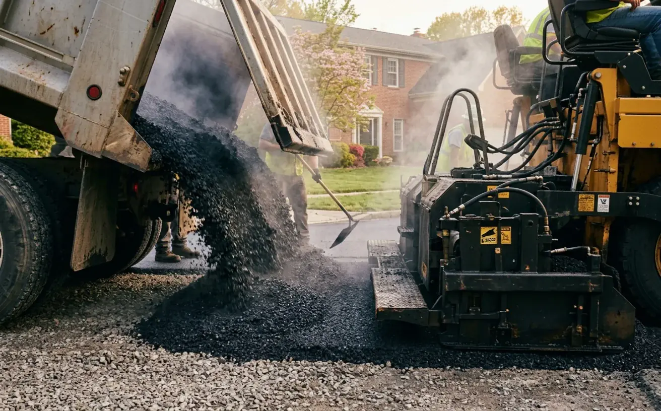 Steaming hot mix asphalt being discharged from a delivery truck, showing the heat that has to be preserved between the plant and compaction