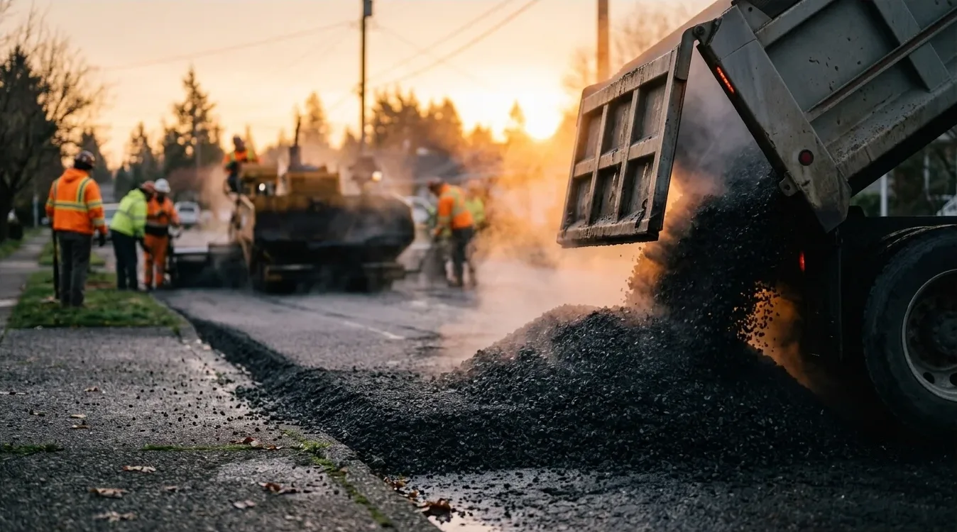 Steaming hot mix asphalt pouring from a dump truck into a paver hopper at roughly 300 degrees Fahrenheit, steam rising in the early morning light