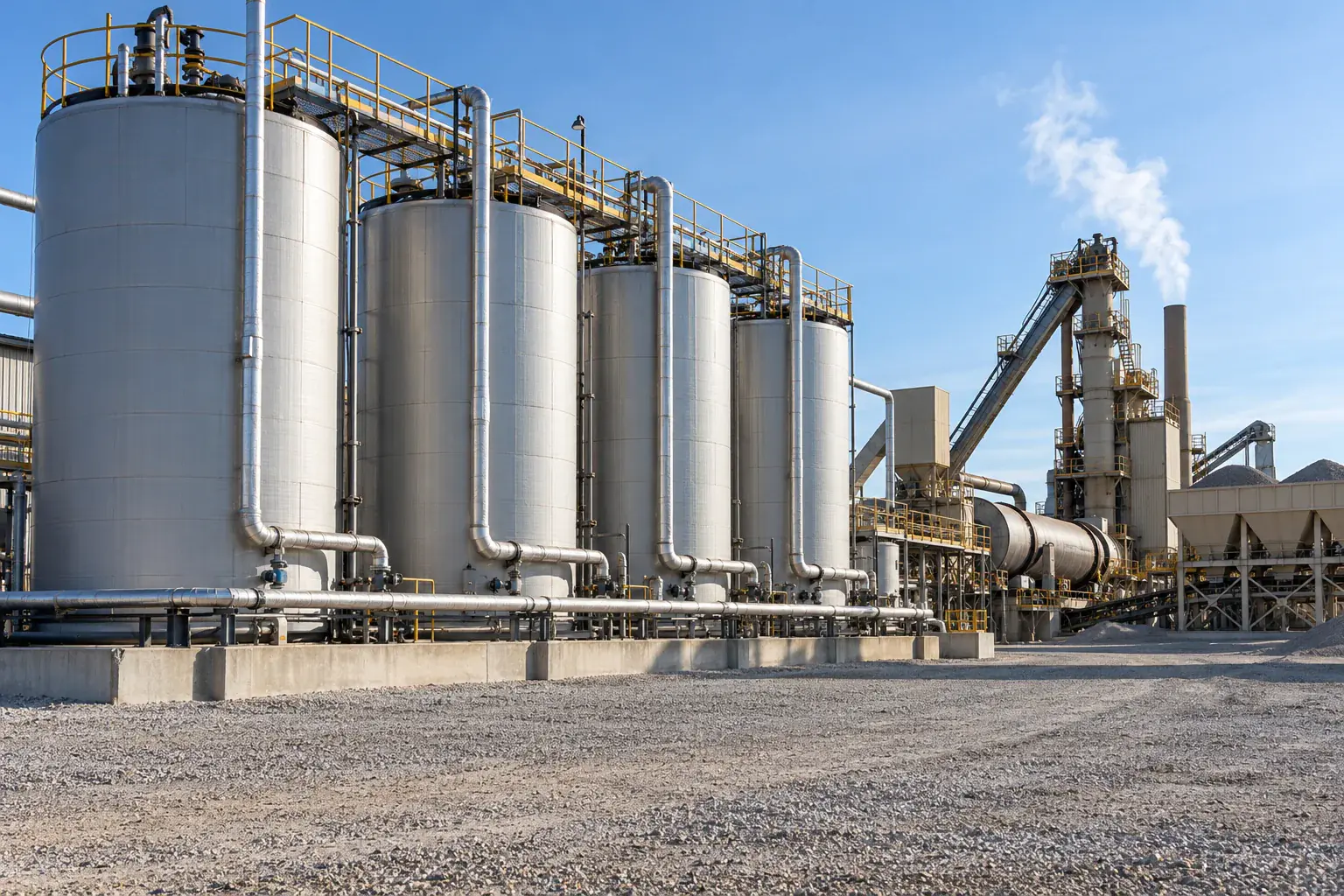 Heated liquid asphalt binder storage tanks at a hot mix plant, binder priced separately from paving asphalt
