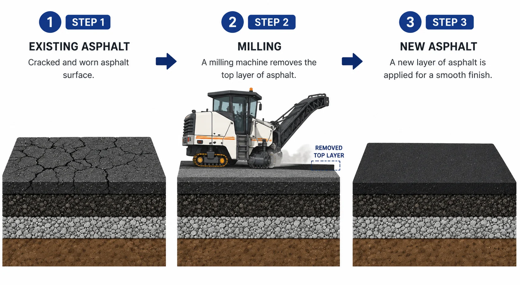 Mill and overlay process: milling machine removes old surface before new asphalt overlay