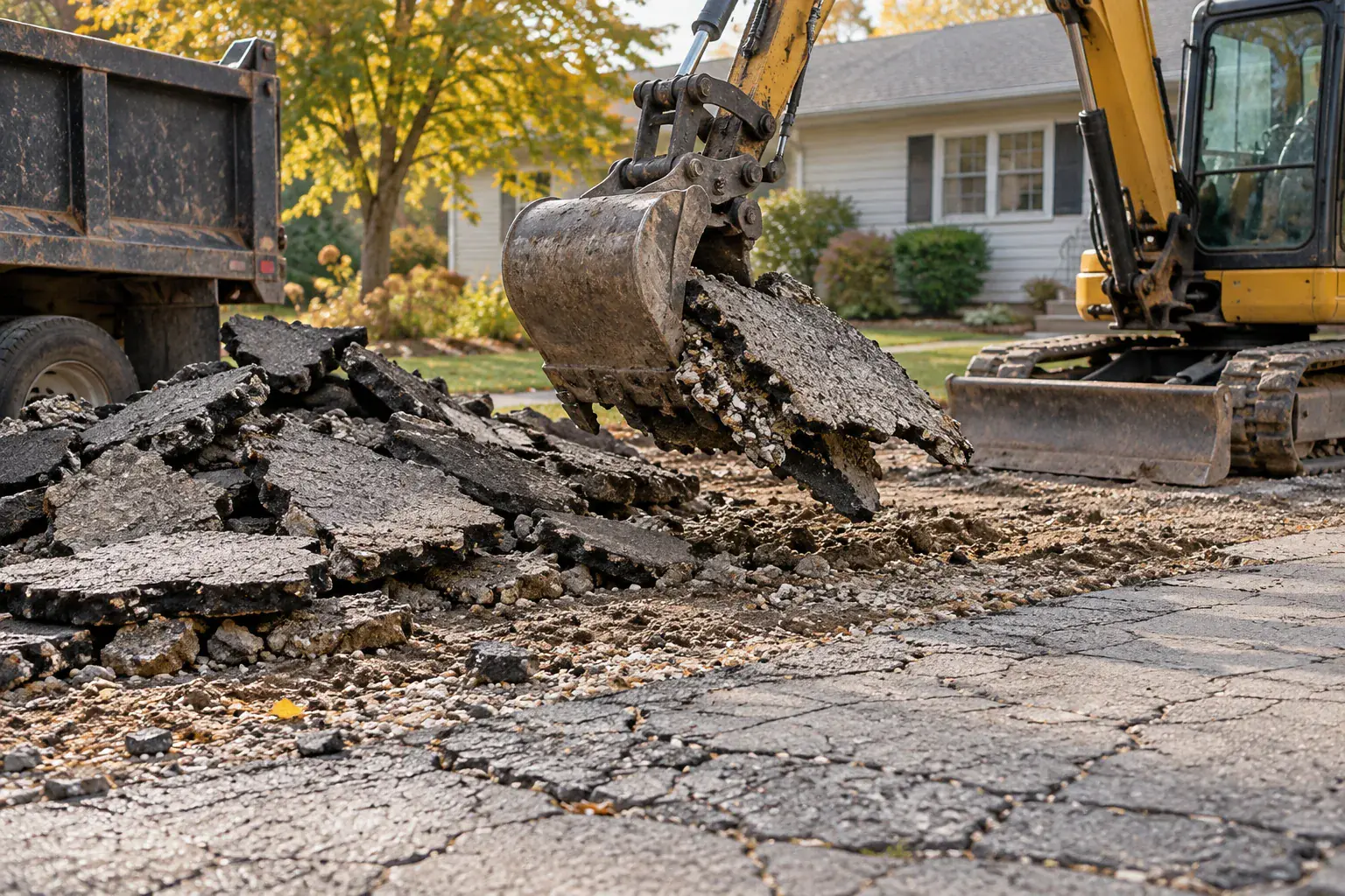 Excavator bucket lifting broken slabs of old cracked asphalt from a driveway before replacement
