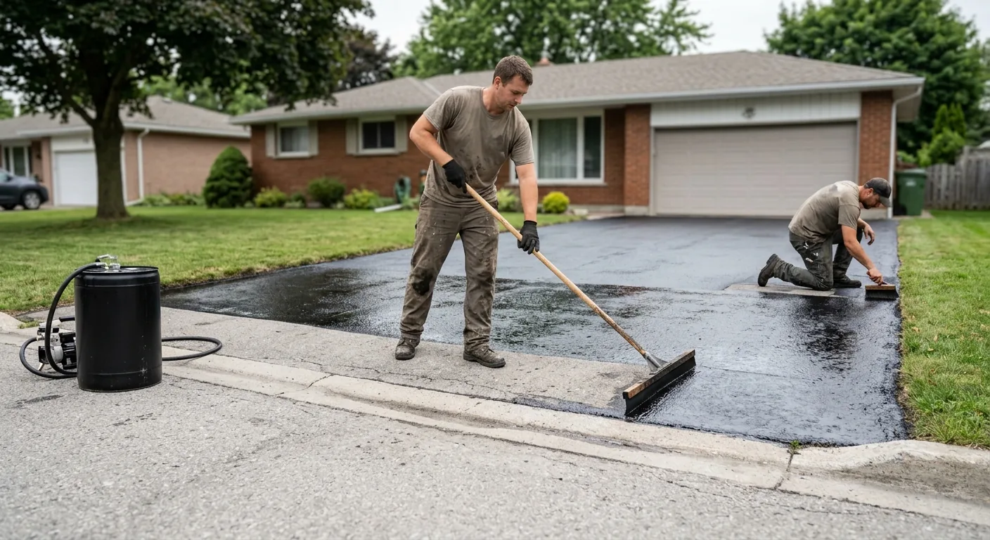 A two-person crew sealcoating a residential asphalt driveway, one pulling black sealer across the surface with a wide squeegee while the other cuts in the edge by hand