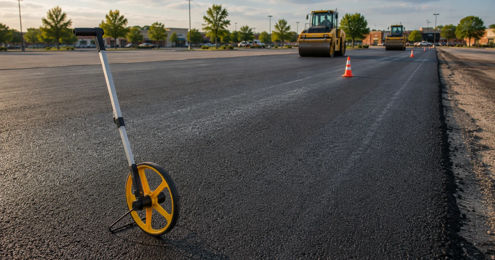 A measuring wheel on a freshly paved commercial parking lot, with roller compactors and traffic cones in the background