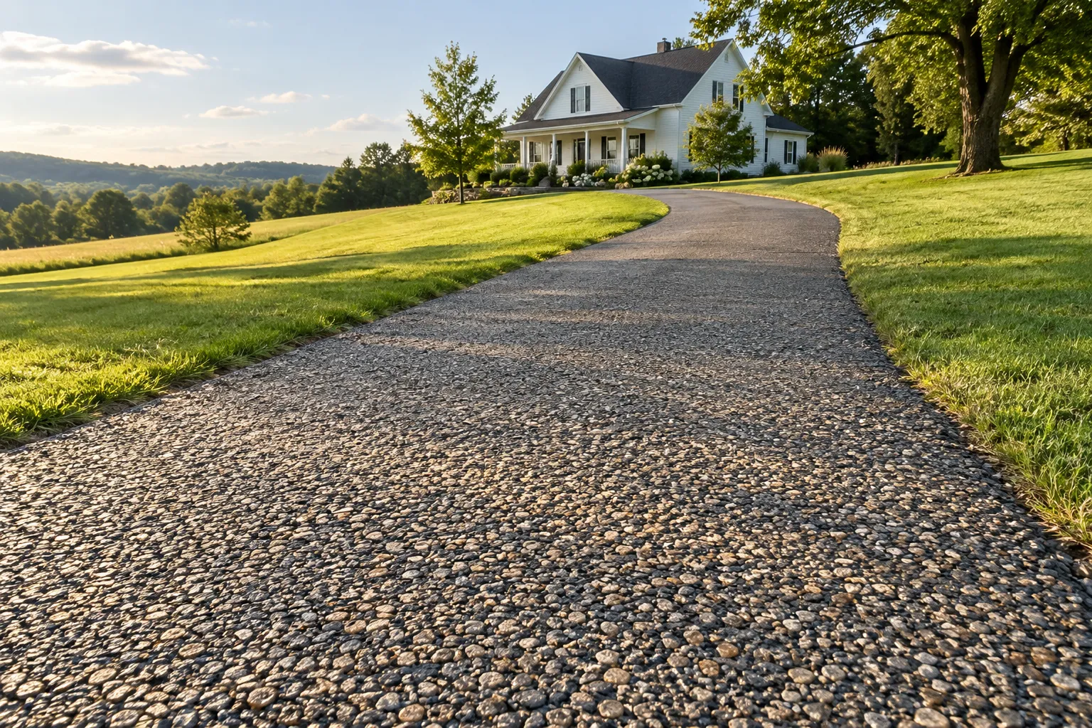 Residential tar and chip driveway of grey and tan stone chips set in asphalt binder, leading up to a rural home
