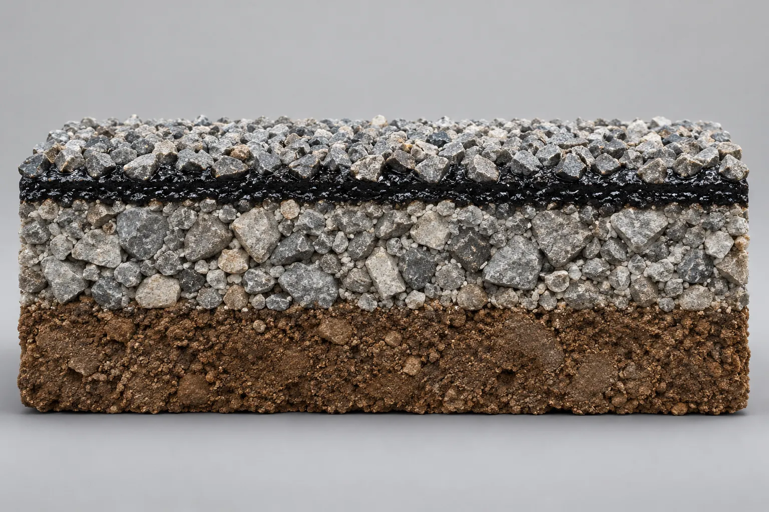Cutaway illustration of a tar and chip driveway, not to scale: soil, gravel base, asphalt binder and stone chips