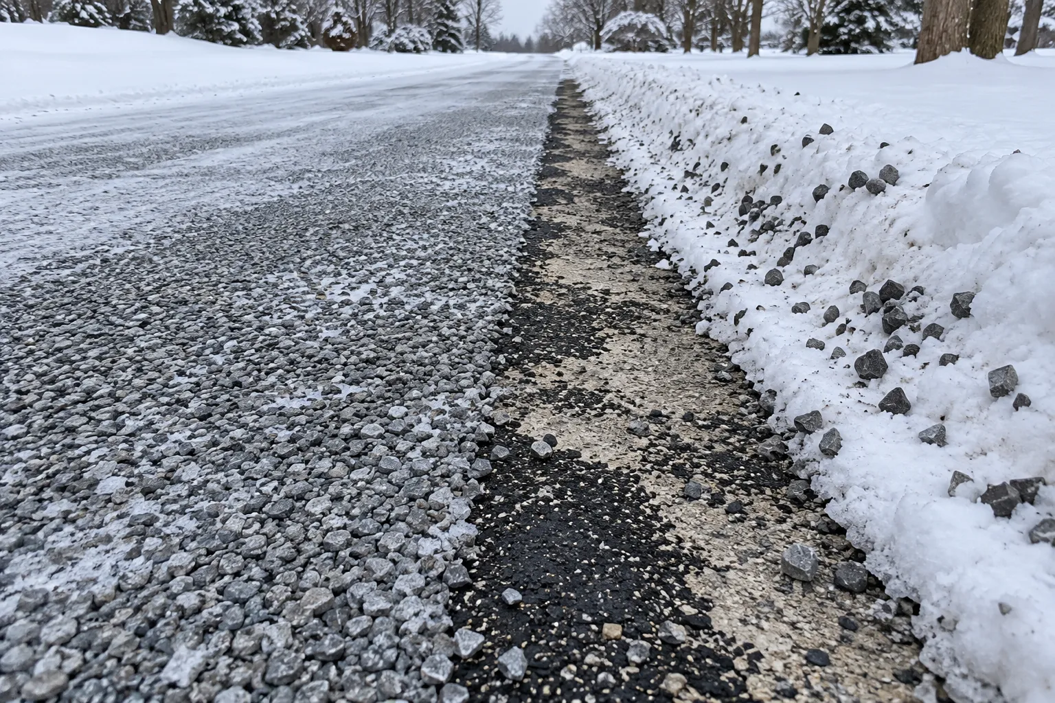Strip of a tar and chip driveway where a snowplow blade scraped away the stone chips, exposing binder and gravel