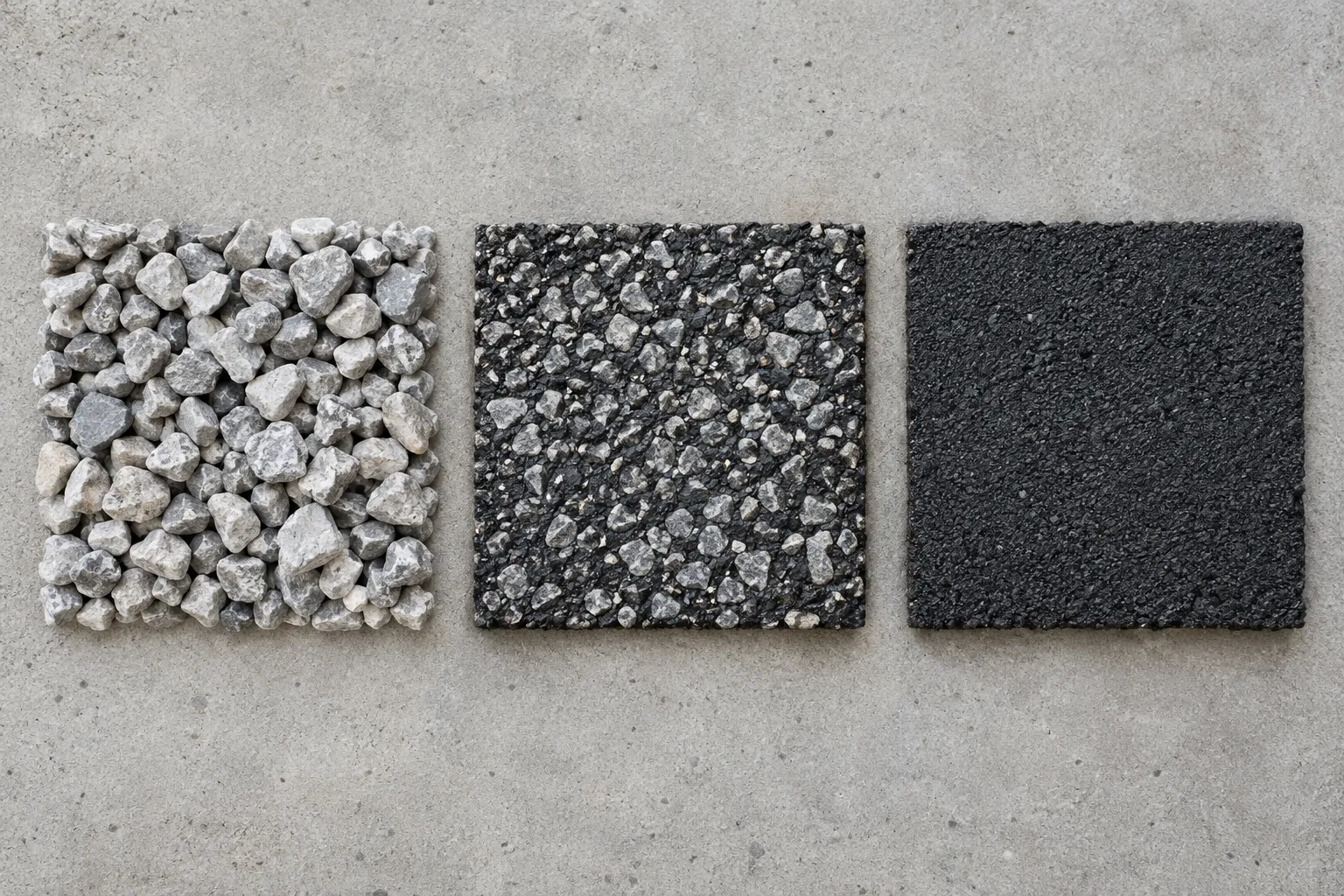 Gravel, tar and chip, and asphalt surface samples side by side, from loose stone to embedded chips to smooth blacktop