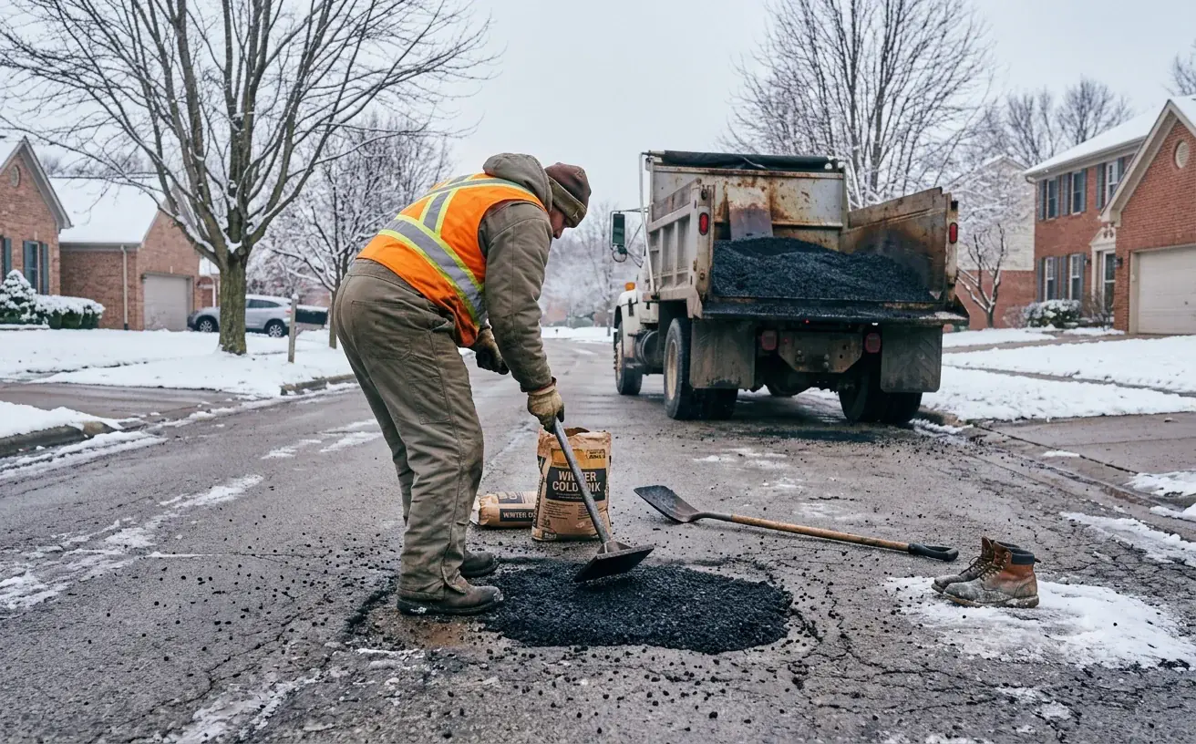 Cold weather pothole repair being carried out on a deteriorated asphalt surface in winter conditions