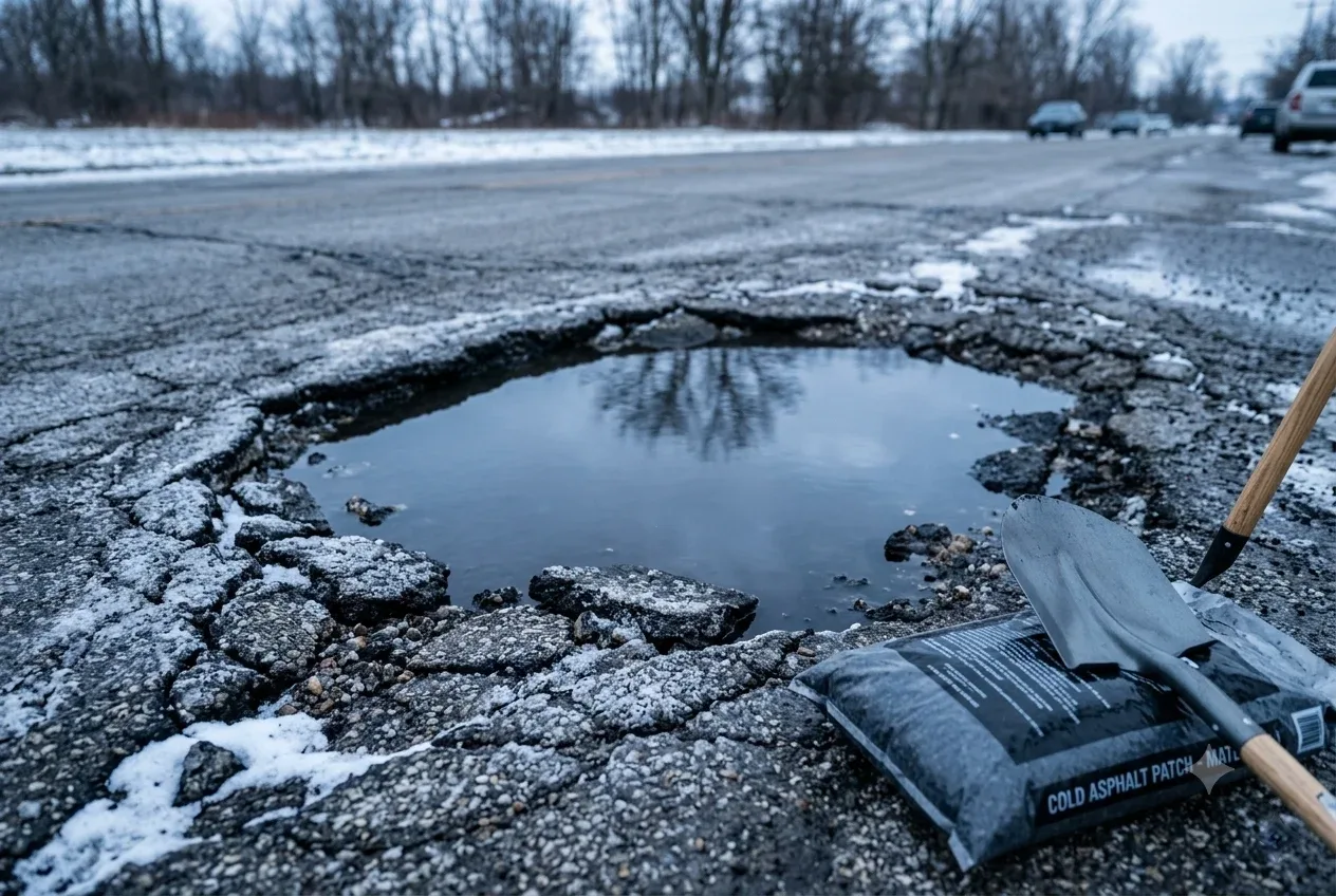 Water-filled pothole in a cracked asphalt road surrounded by snow, with a bag of cold patch and a shovel ready — the winter conditions where cold mix is the only material that can be placed